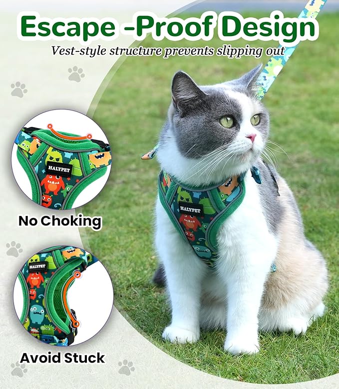 Halypet Cat Harness and Leash Set for Walking, Escape Proof Adjustable Vest Harness with 3-in-1 Integrated Buckles, Easy Control Soft Breathable Mesh with Reflective Strips for Cats, S Green Monster