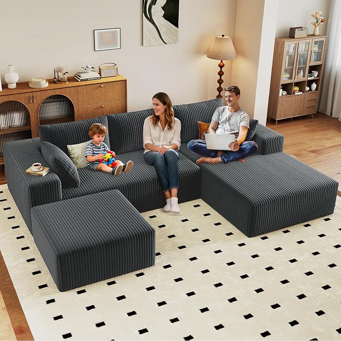 96" U-Shape Cloud Couch, Modern Modular Sectional L-Shape Sofa with Ottoman, Corduroy Upholstered Couches Deep Seat Chaise Longue for Living Room, No Assembly Required(Dark Gray, Right Facing)