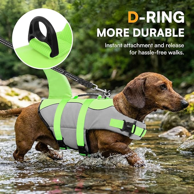 Dog Life Jacket Ripstop Shark Dog Safety Vest Adjustable Preserver with High Buoyancy and Durable Rescue Handle for Small,Medium,Large Dogs, Green Shark Medium