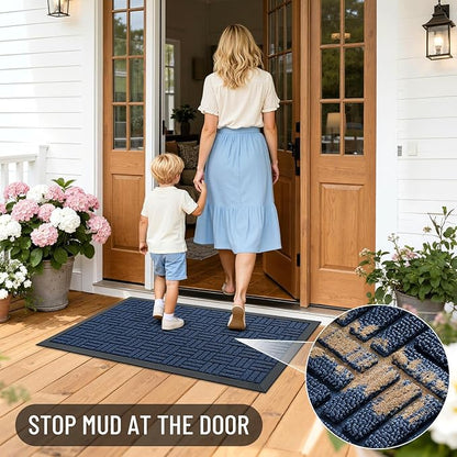 OLANLY Front Door Mat Outside Entrance 47x32, Absorbent, Heavy Duty Sturdy Natural Rubber Doormat Indoor Outdoor, Non-Slip, Stain and Fade Resistant, Low Profile Floor Mat for Entryway, Navy Blue