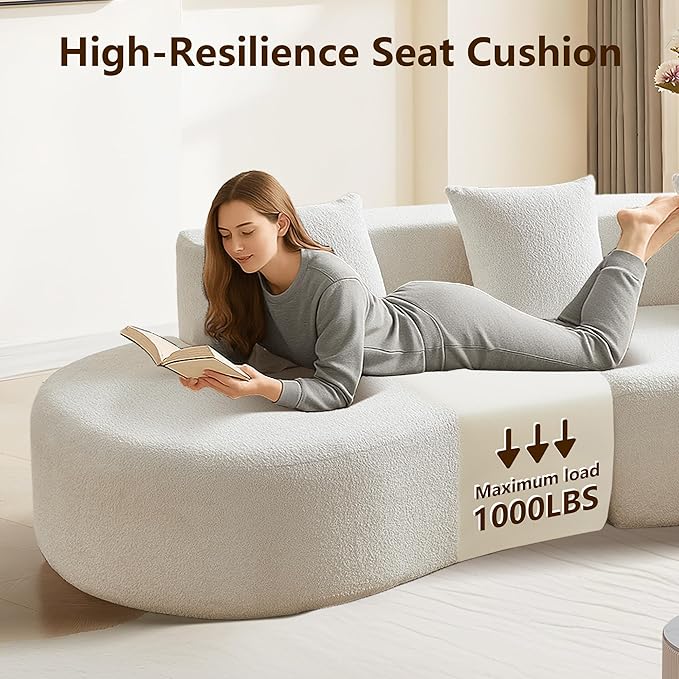 109'' Curved Couch, Mid Century Modern Half Moon Sofa, Luxury 3-Seat Couch with High-Density Foam Filled, Raindrop Velvet Fabric Sectional Sofa for Living Room, Apartment, Office, White