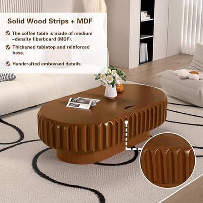 Oval Drum Coffee Table Fluted Coffee Table with Storage Center Table Pedestal End Table for Apartment (43.3in)