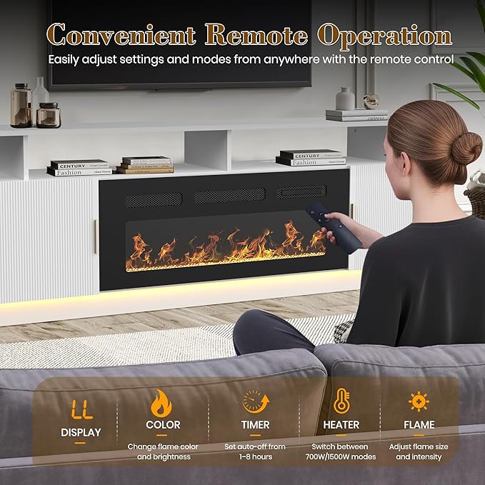 70” Fluted TV Stand with 36” Electric Fireplace, 2 Tier TV Console Cabinet with