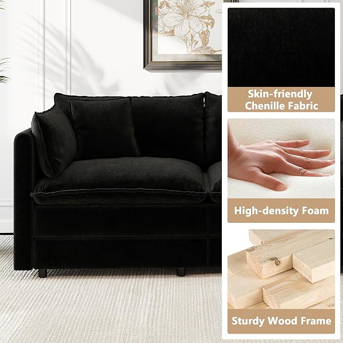 Aoowow Modular Sectional Sofa Modern Convertible Loveseat Couch,77.16 Inch Deep 2-Seater Sofas Comfy Chenille Cloud Sofas and Couches with Pillows for Living Room Apartment（Black）