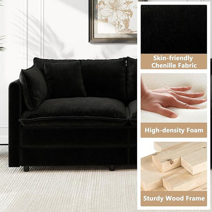 Aoowow Modular Sectional Sofa Modern Convertible Loveseat Couch,77.16 Inch Deep 2-Seater Sofas Comfy Chenille Cloud Sofas and Couches with Pillows for Living Room Apartment（Black）