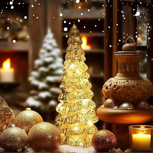Christmas Tree Glass Decorative LED Light: 13.5" Tall, Battery Operated Holiday Tabletop Ornament, Frosted Glass Christmas Home Decor, Xmas Tree Night Light for Indoor Decor White