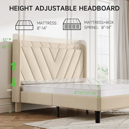 koorlian Queen Bed Frame with Headboard, Adjustable Upholstered Platform Bed Frame with Type-C&USB Ports, Wingback Storage Headboard, Solid Wood Slats Support, No Box Spring Needed, Beige