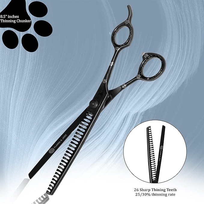 Professional Dog Grooming Scissors Set of Straight, Curved, Thinner/Blender and Chunker Shears with Paw Prints for Dogs, Cats & Pets (Right Handed, Black, Stainless Steel 8 Inch)