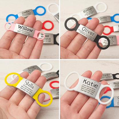 Anavia Slide On Silent Pet ID Tags, S/M/L/XL Personalized Multi-Color Silicone Band Cat Dog Name Tags, Customized Engraved Stainless Steel, Chew-Proof Quiet Dog Collar Tags (Small, Black)