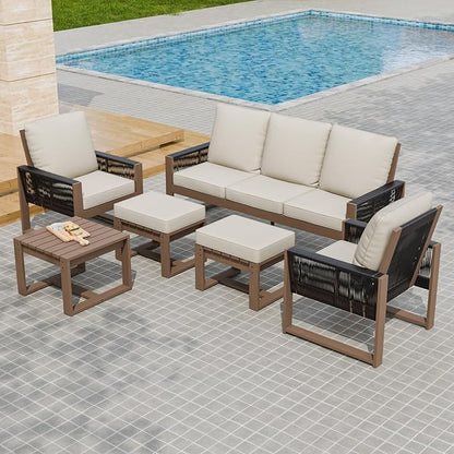 INTER HUT Rustic Hideaway Natural Cedar Wood Outdoor Furniture Set, Wicker Patio Conversation Set for Porch Garden Backyard, Couch, 2 Patio Chairs, Side Table and 2 Ottomans, 6 Piece, Brownish/Beige