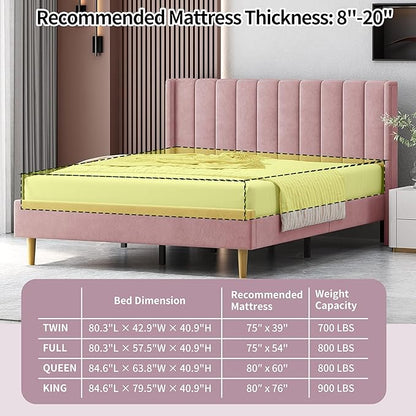 Queen Size Upholstered Platform Bed Frame with Modern Wingback & Vertical Panel Headboard, Velvet Fabric, Wooden Legs & Slats Support, No Box Spring Needed, Noise-Free & Easy Assembly, Pink