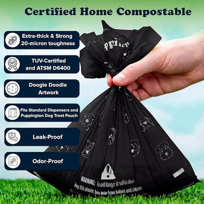 Puppington Certified Home Compostable Poop Bags - ASTM D6400 Compliant - 180 Extra Thick Bags - Plant Based - Pairs with Puppington 3-in-1 Bag & Fits all Standard Poop Bag Dispensers (Onyx Black)