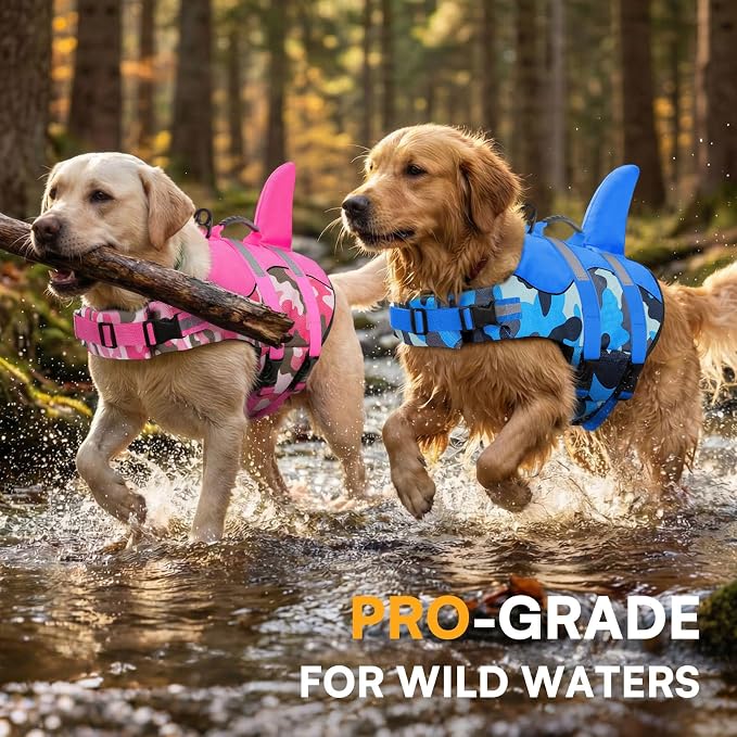Dog Life Jacket Ripstop Dog Shark Safety Vest Adjustable Preserver with High Buoyancy and Durable Rescue Handle for Small,Medium,Large Dogs, Pink Camouflage Small