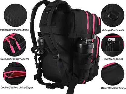 LHI Military Tactical Backpack for Men and Women 45L Army 3 Days Assault Pack Bag Large Rucksack with Molle System - Black with red zipper