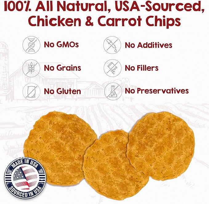 Riley's Waffles Chicken Chips for Dogs w Carrots - USA Sourced Chicken Dog Treats, Limited Ingredient Dog Treats, Dehydrated Jerky Treats Made in USA