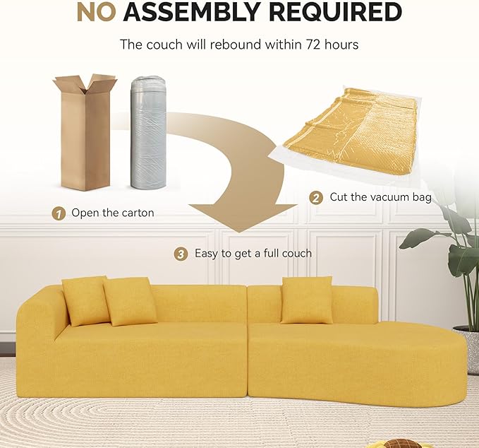 128" Oversized Modern Curved Sofa,Boneless Cloud Sectional Couch with Deep Seat,No Assembly Required Chenille Couches for Living Room,Yellow,1 PCS