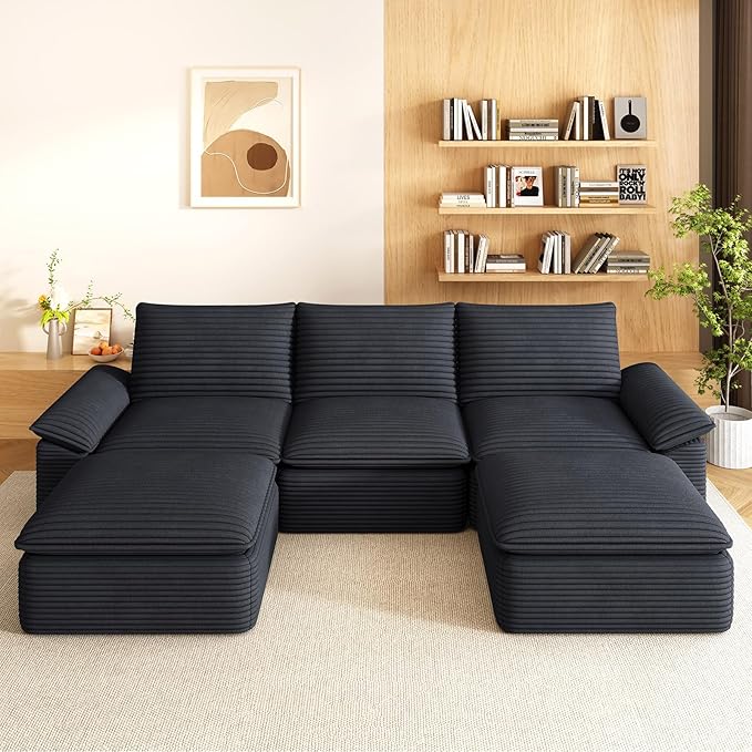 111" Cloud Sectional Couch with U-Shaped Chaise, Corduroy Sectional Sofa with Ottoman, Boneless Couch with Deep Seat in a Box for Living Room, No Assembly Required (Black)