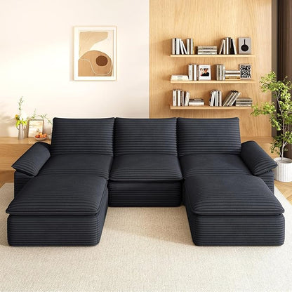 111" Cloud Sectional Couch with U-Shaped Chaise, Corduroy Sectional Sofa with Ottoman, Boneless Couch with Deep Seat in a Box for Living Room, No Assembly Required (Black)