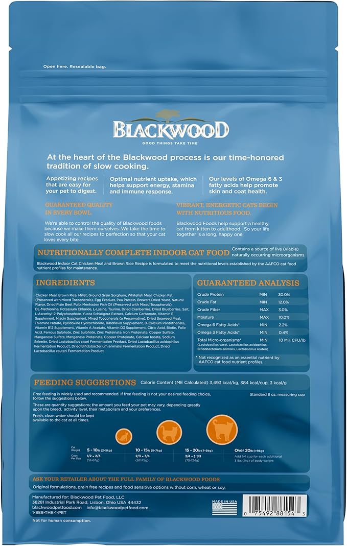 Blackwood Dry Cat Food, Indoor Formula, Chicken Meal & Brown Rice Recipe, 4 Pound Bag, High Protein, Slow Cooked