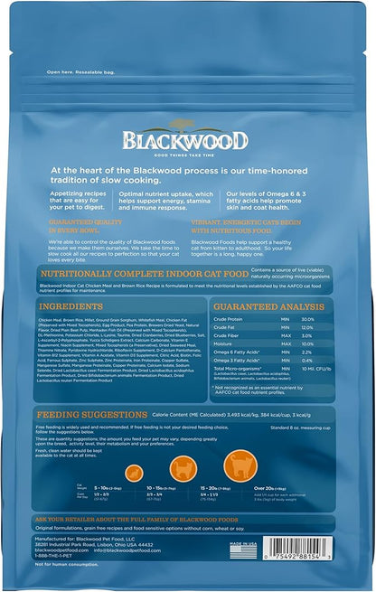 Blackwood Dry Cat Food, Indoor Formula, Chicken Meal & Brown Rice Recipe, 4 Pound Bag, High Protein, Slow Cooked