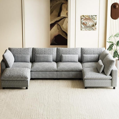 130" W x 67" D U Shape Sectional Sofa with USB Charging & Cup Holder & Storage, 6 Seater Plush Corduroy Couches with Movable Ottoman, Cloud Couch Sofas for Living Room, DIY Combination - Grey