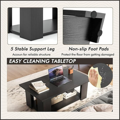Tangkula 2-Tier Coffee Table, Modern Rectangular Center Cocktail Table with 5 Support Legs, Wooden Accent Living Room Furniture, Small Coffee Table for Small Spaces, Easy Assembly (Black)