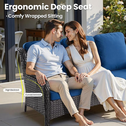 ovios 9 Pieces Patio Furniture Set, Outdoor Wicker Sofa Couch with Swivel Chairs Ottomans Comfy Cushions, High Back Modern All Weather Conversation Sets, Brown Rattan, Navy Blue