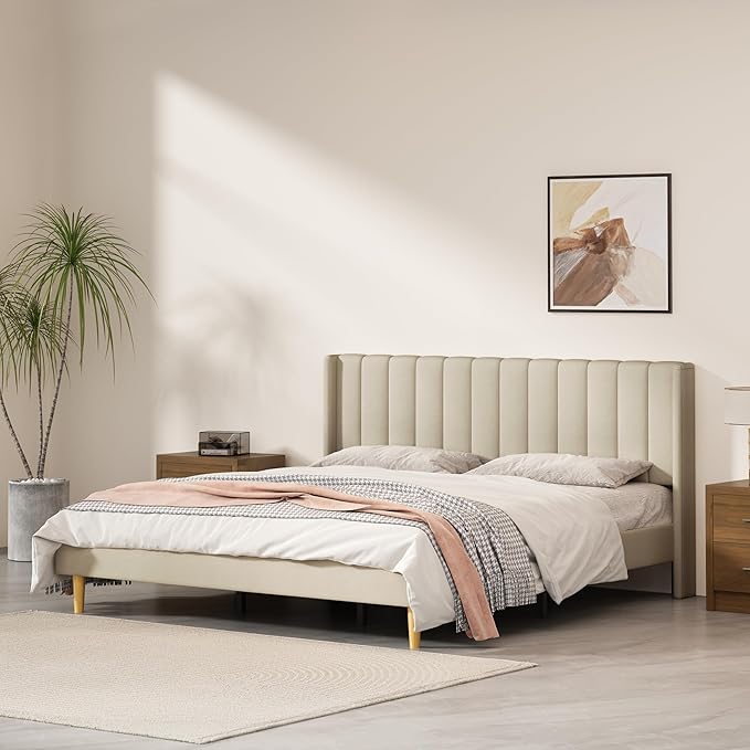 King Size Upholstered Platform Bed Frame with Modern Wingback & Vertical Panel Headboard, Linen Fabric, Wooden Legs & Slats Support, No Box Spring Needed, Noise-Free & Easy Assembly, Beige