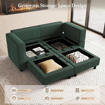 63" Modular Sectional Sofa with Storage Seat,Corduroy Sectional Couch Convertible 4 Seat Modular Sleeper Sofa Couch with Movable Ottoman Chaise,Comfy Sectional Couches for Living Room,Green