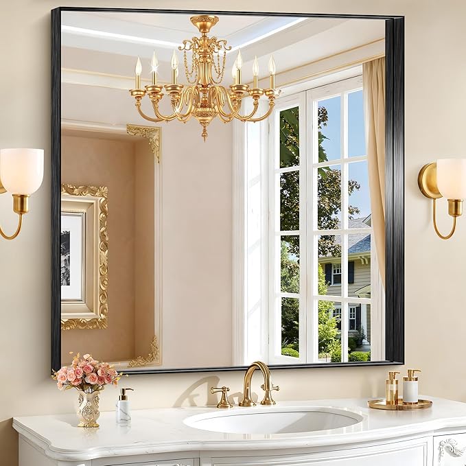 CIRCUMI Black Bathroom Mirror, Brushed Finish, Tempered Glass, Mirror