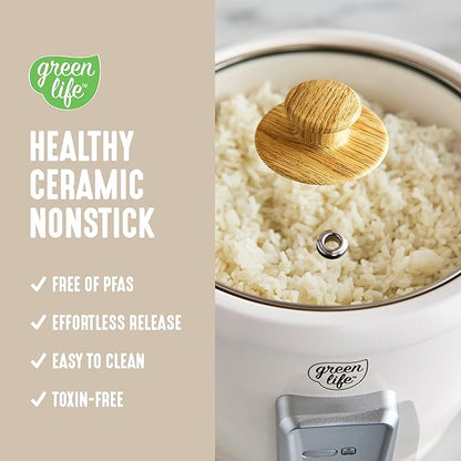GreenLife Rice Cooker with Removable PFAS-Free Ceramic Nonstick Pot, 3-Cups