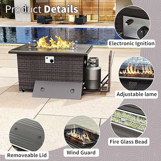Gotland 8 Pieces Patio Furniture Set with Fire Pit Table, All Weather Rattan Outdoor Furniture with 29.5'' High Backrest 4’’ Thick Cushions Coffee Table, Outdoor Sectional for Porch, Deck, Navy