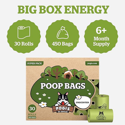 Pogi’s Dog Poop Bags – Leak-Proof & Extra Thick Pet Waste Bags (Unscented, 30 Rolls, 450-Count)