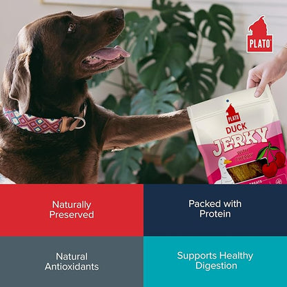 PLATO Pet Treats Jerky Dog Treats - Air-Dried Jerky for Dogs - Delicious, Real Meat Dog Treats - Grain Free - Supports Healthy Digestion - Duck Jerky with Cherry 7oz
