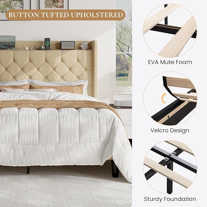 SHA CERLIN Full Size Platform Bed Frame with Charging Station, Velvet Wingback Headboard with Storage Shelf, Wooden Slats Support, Ample Under-Bed Space, No Box Spring Needed, Easy Assembly, Beige
