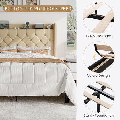 SHA CERLIN Full Size Platform Bed Frame with Charging Station, Velvet Wingback Headboard with Storage Shelf, Wooden Slats Support, Ample Under-Bed Space, No Box Spring Needed, Easy Assembly, Beige
