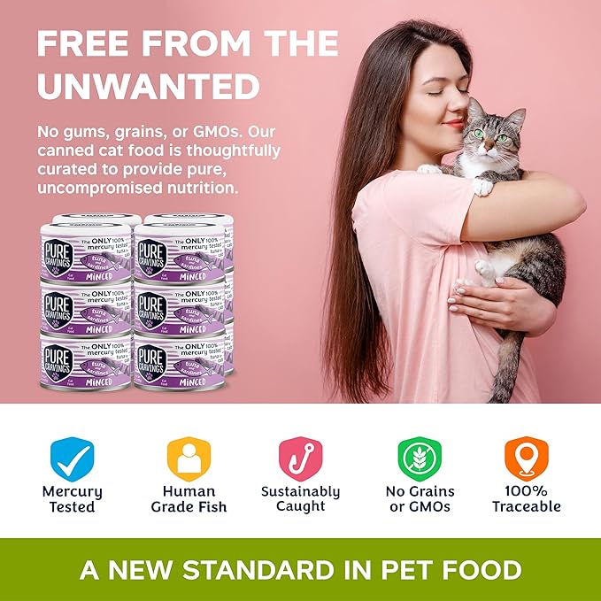 Pure Cravings Minced Tuna and Sardines Wet Canned Cat Food, 100% Mercury-Tested, Moist Can Fish for Cats, Grain-Free, Protein, Non-GMO, 3oz, Pack of 12