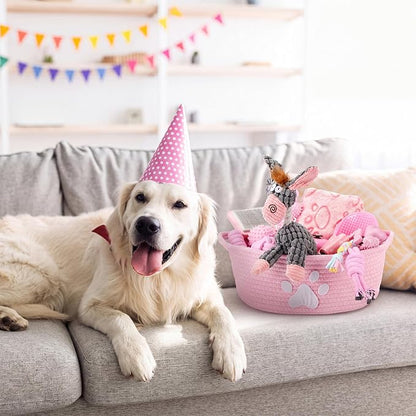 Zopeal 17 Pcs Summer Puppy Gift Set, Dog Toy & Essentials Bundle with Chew Toys, Poop Bag Dispenser, Grooming Brush, Training Bell, Blanket & Rope Basket (Pink,Donkey)