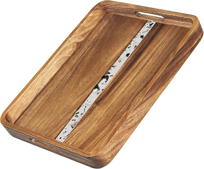 Acacia Wood Serving Tray with Handles, 17’’x13’’ Rectangular Decorative Ottoman Tray for Living Room, Coffee Table Tray for Decor, Breakfast in Bed