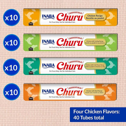 INABA Churu Cat Treats, Lickable, Squeezable Creamy Purée Cat Treat with Green Tea Extract & Taurine, 0.5 Ounces Each Tube, 40 Tubes, Chicken Variety Box