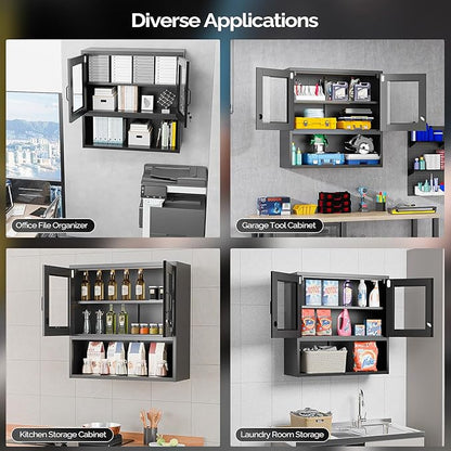 VINGLI Metal Wall Cabinet with Locking Glass Doors & Magnetic LED Sensor Light