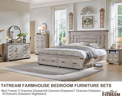 T4TREAM Farmhouse King Size Bed Frame with 54" Tall Geometric Headboard & 2 Large Storage Drawers, Rustic Wood Platform Bed with Wood Slats Support, No Box Spring Needed, Light Rustic Oak