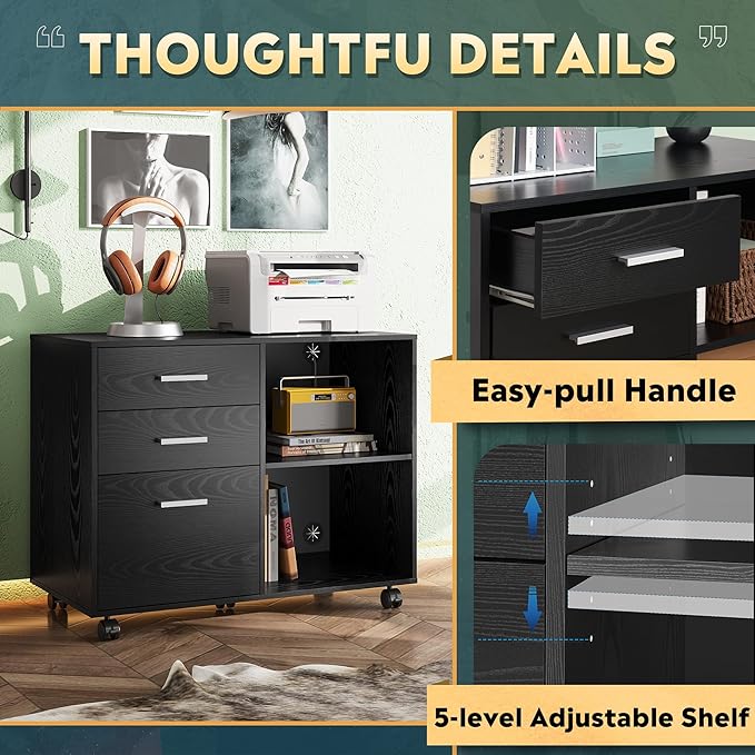 DEVAISE 3 Drawer Mobile File Cabinet, Wood Lateral Filing Cabinet, Printer Stand