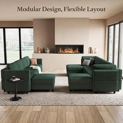 114.2" Modular Sectional Sofa with Deep Storage Seat,Corduroy U Shaped Sofa Couch Set,7 Seat Modular Couch with Movable Ottoman Chaise,Upholstered Sectional Couches for Living Room,Green