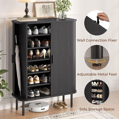 Shoe Storage Cabinet with Adjustable Shelves, 6-Tier Mid-Century Modern Shoe