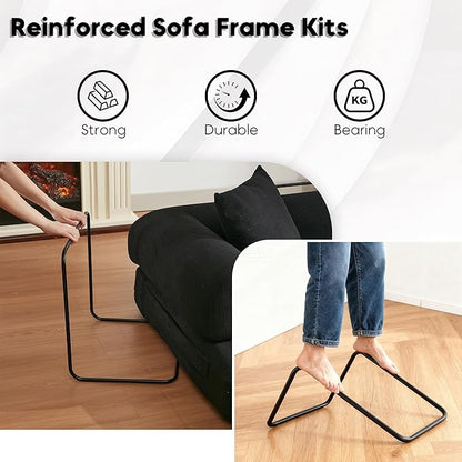Convertible Sleeper Sofa Bed with Cylindrical Pillow, Corduroy Folding Mattress Couch with Fixed-Shape Frame, Floor Sofa Lounge Couch for Living Room Bedroom Lounge Studio-Black