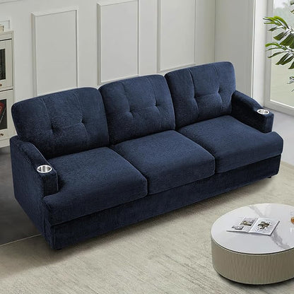 89" Chenille Modern Sofa with Cup Holder, Tufted Upholstered Couch with Thickened Cushions, Comfy 3 Seater Sofa with Deeper Seat for Living Room, Apartment,Blue