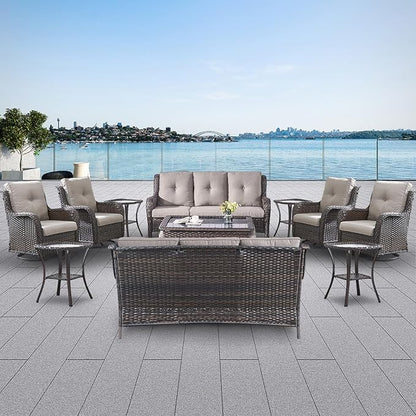 Belord Wicker Patio Furniture Sets - 13 Piece Outdoor Rattan Furniture Conversation Sets with 4 Swivel Rocker Chairs, 2 Rattan Sofas, Wicker Ottomans and Coffee Table, Brown/Grey