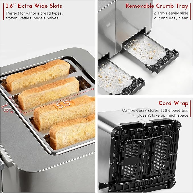 Toaster 4 Slice, Techwood Stainless Steel 4-Slice Toaster Wide Solt