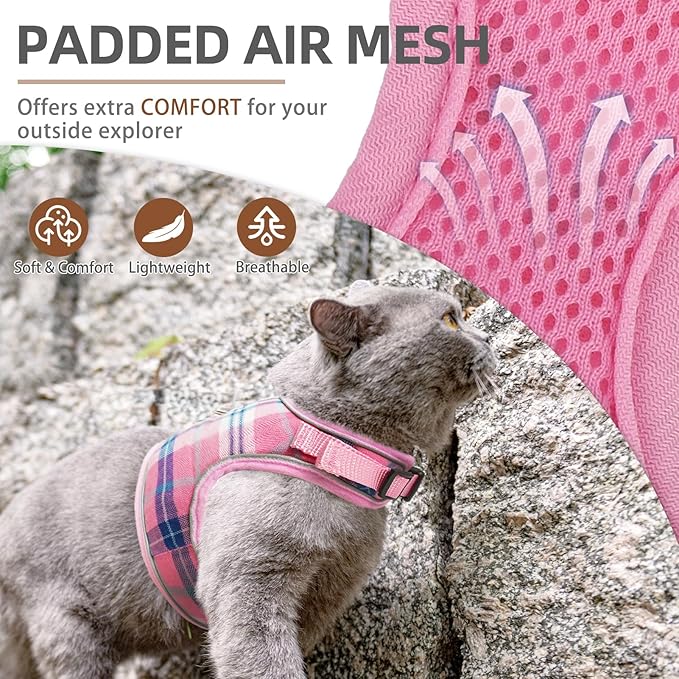 PUPTECK Soft Mesh Cat Vest Harness and Leash Set Puppy Padded Pet Harnesses Escape Proof for Cats Small Dogs Rabbits Bunny, Plaid Pink, S